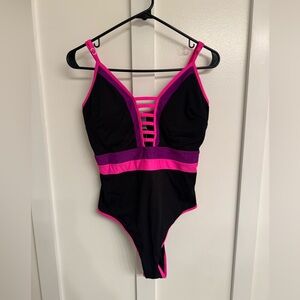 Chic Black Swimsuit with Pink Straps